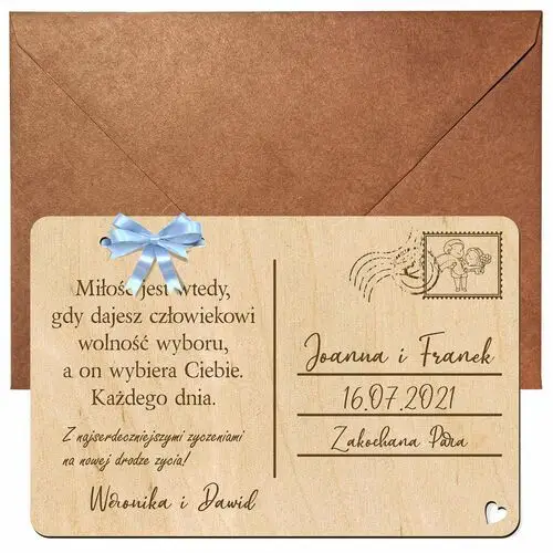 Wondergift Drewniana kartka pocztowa eko życzenia na ślub wesele