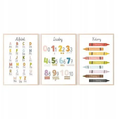 Zestaw 3 plakaty 70x50 Montessori Edukacyjne Alfabet Liczby Różne